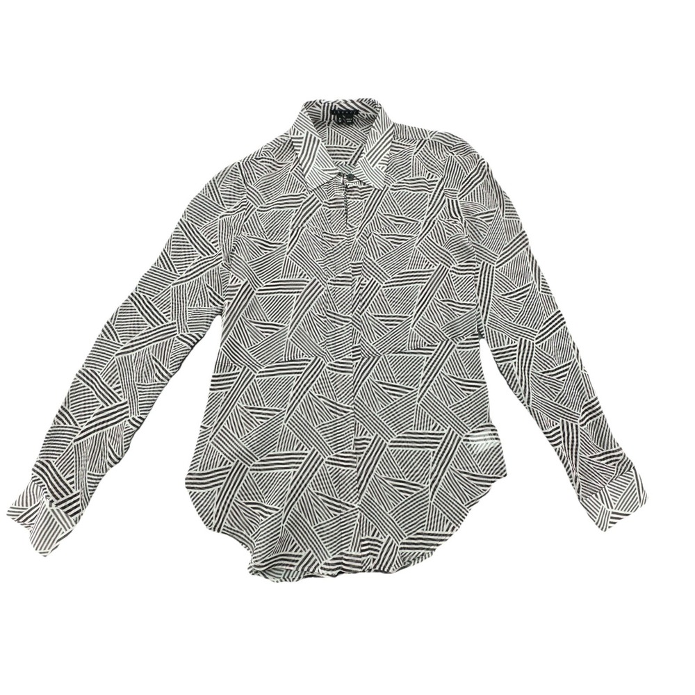 Theory Womens Silk Button Down‎ Sheer Blouse Petite P  Geometric Print S/XS